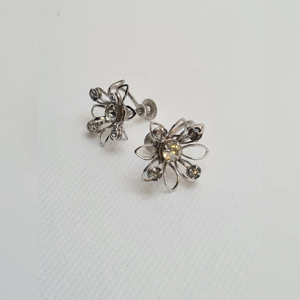 Vintage Silver And Crystal Floral Earrings